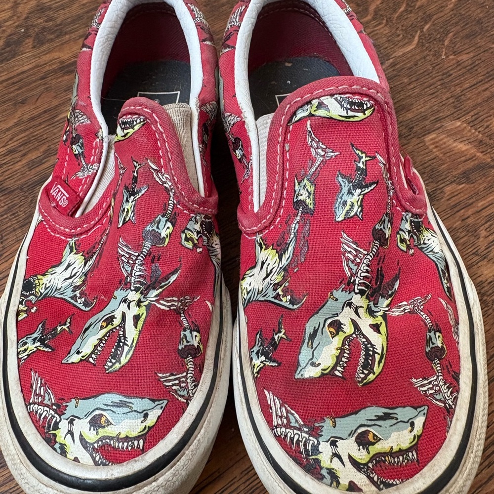 Vans Kids Red Slip-On Shoes with Shark Print